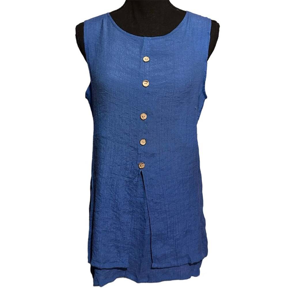 Creation Blue Long Line Sleeveless Blouse Top Women's S Small